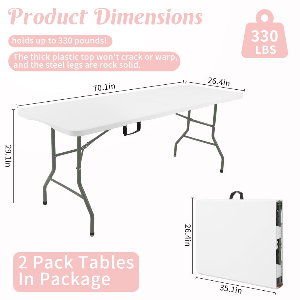 2 Pack 6 Feet Portable Folding Table White Plastic F256