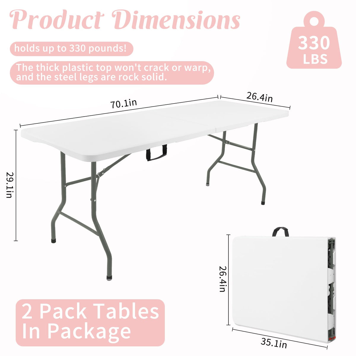 2 Pack 6 Feet Portable Folding Table White Plastic F256