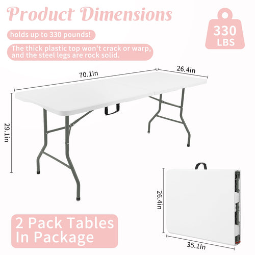 2 Pack 6 Feet Portable Folding Table White Plastic F256