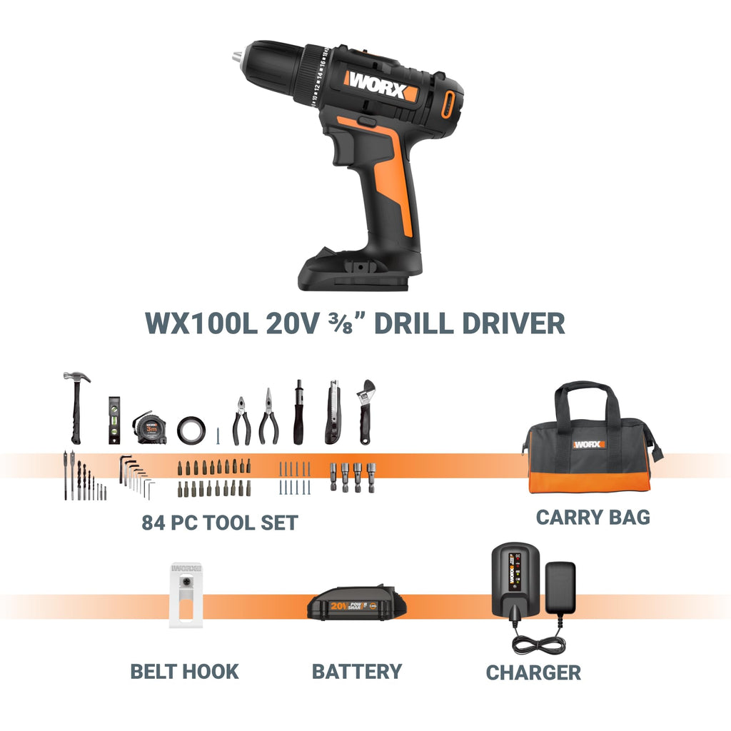 Cordless Drill Driver 20V 3/8-Inch 84-Piece Kit H844