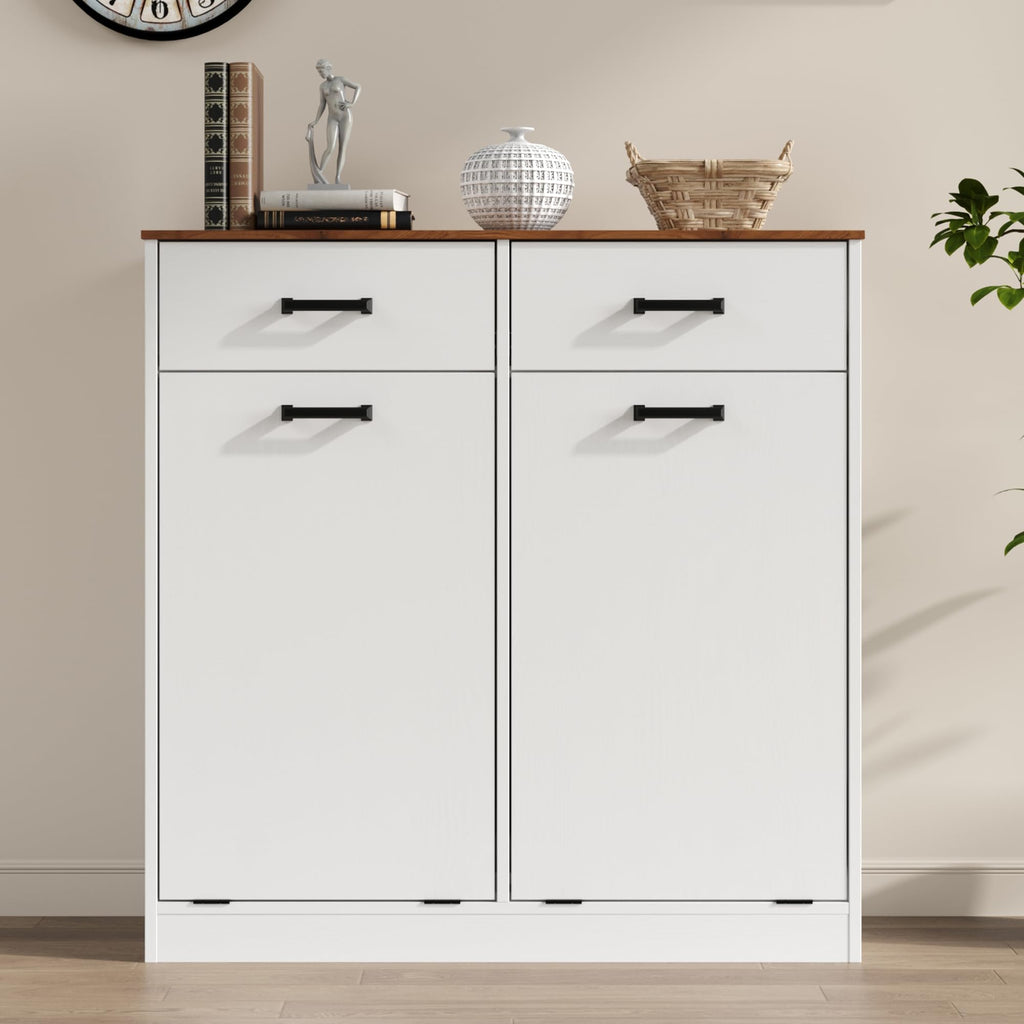 Antique White Double Tilt Out Trash Can Cabinet with 2 Drawers O39657