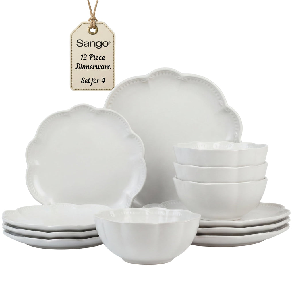 12 Pieces Scalloped White Plates & Bowls Set Y71469