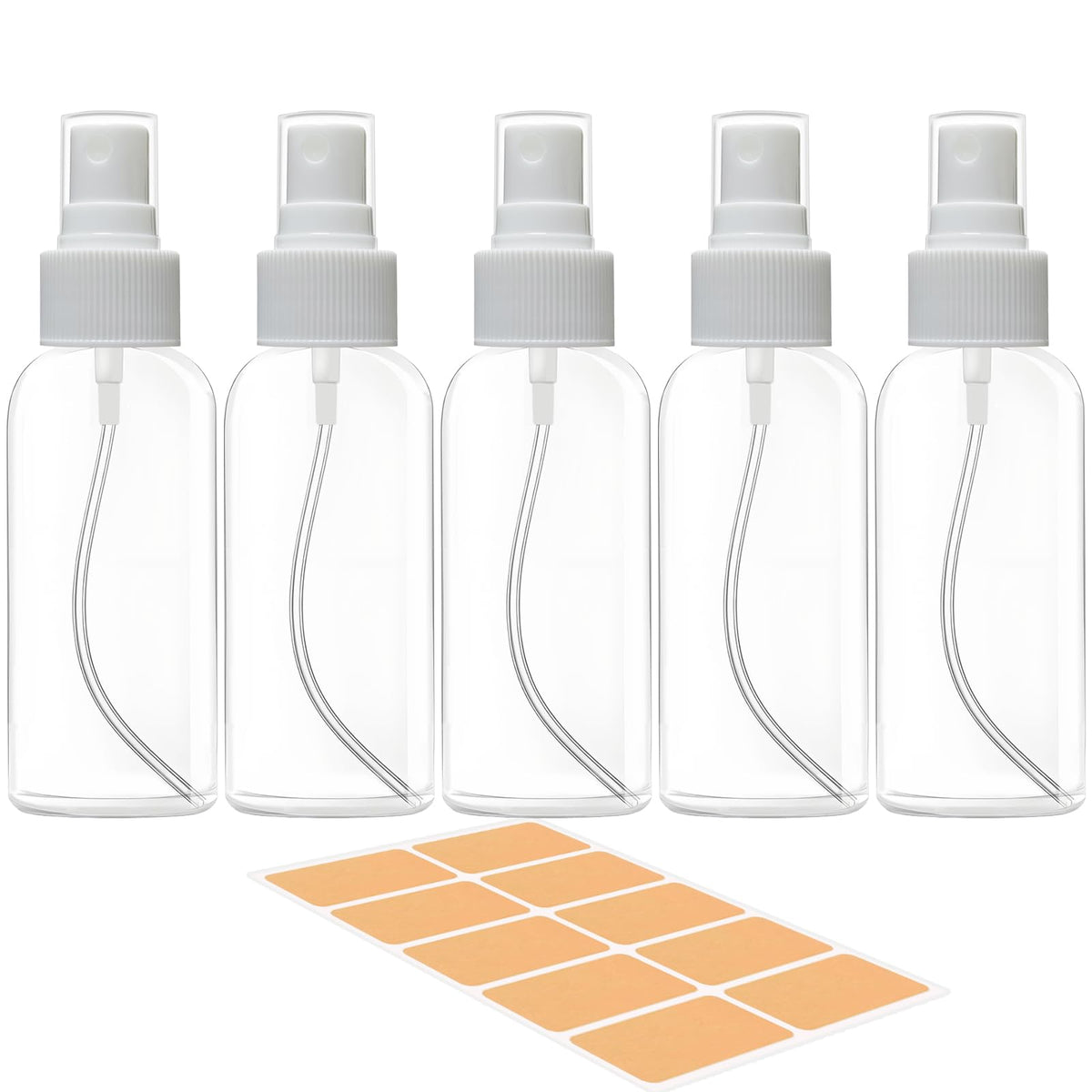 5 Pack 3.4 oz Clear Plastic Travel Spray Bottles with Labels Y31186