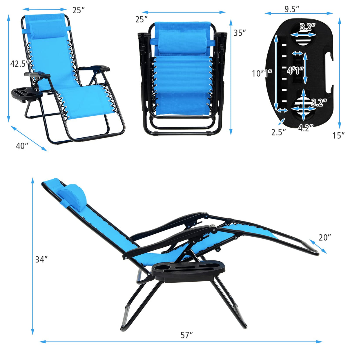 Set of 2 Blue Zero Gravity Chair with Cup Holder U88764