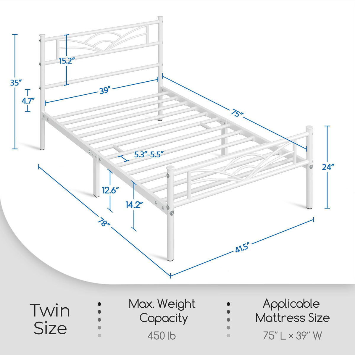 Twin Size White Metal Bed Frame with Headboard T47153