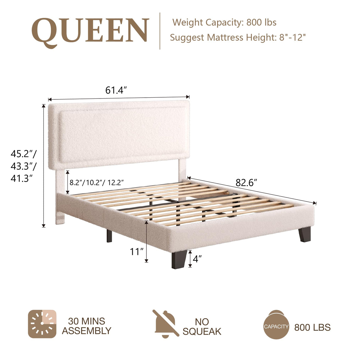 White Queen Size Upholstered Platform Bed Frame with Adjustable Headboard J282
