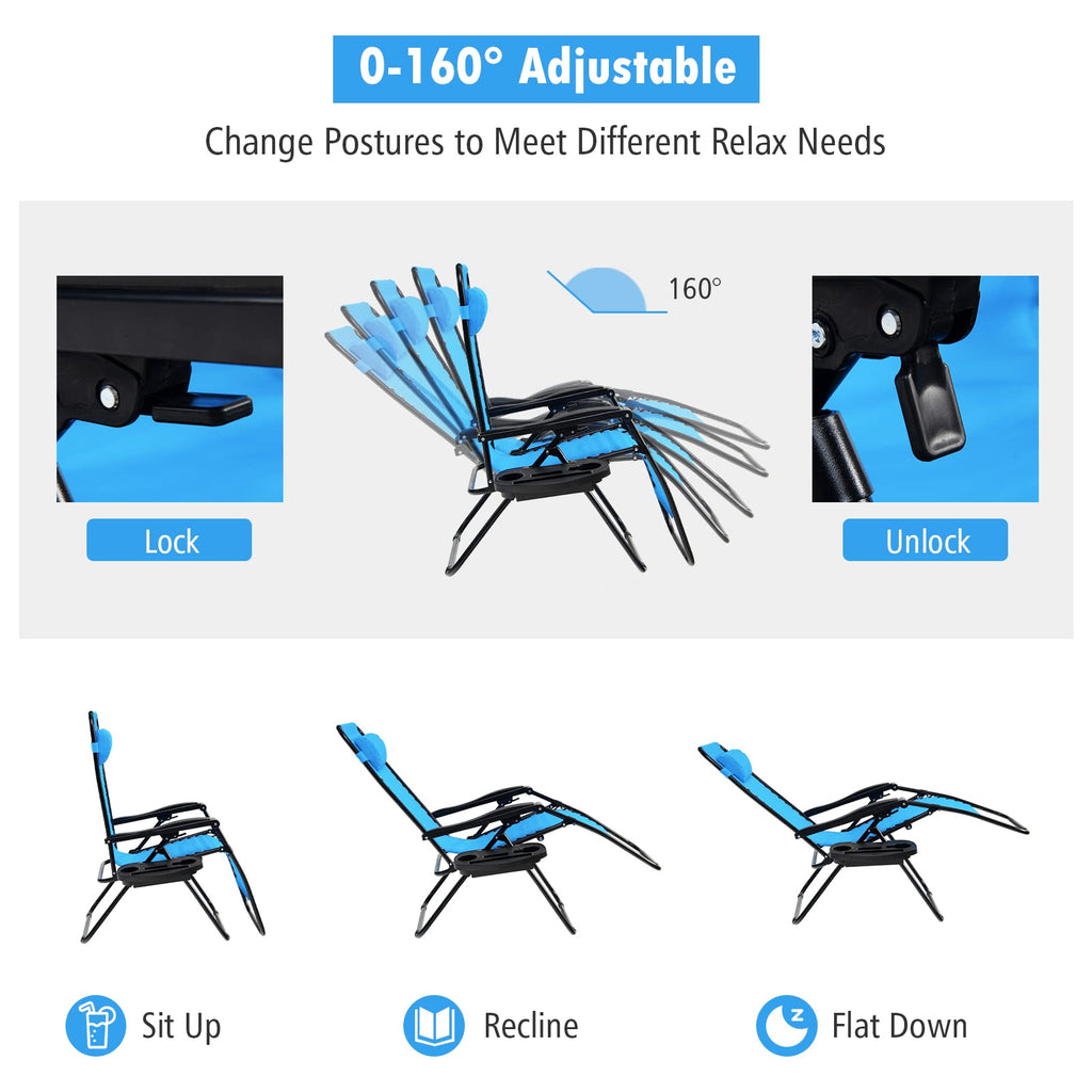 Set of 2 Blue Zero Gravity Chair with Cup Holder U88764