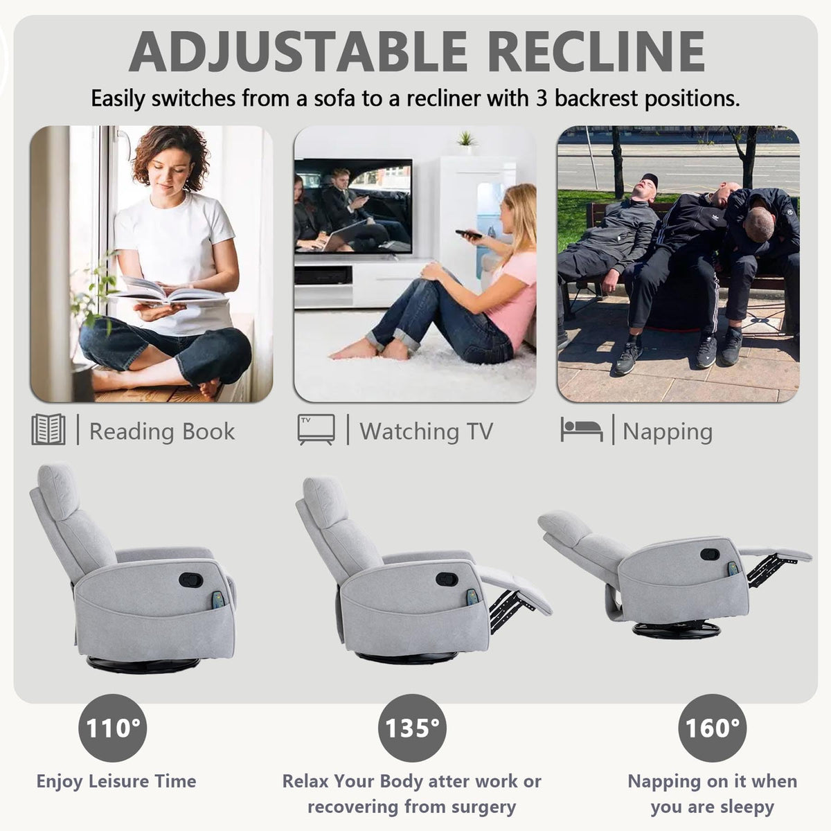 Gray Manual Swivel Glider Recliner with Massage L5600