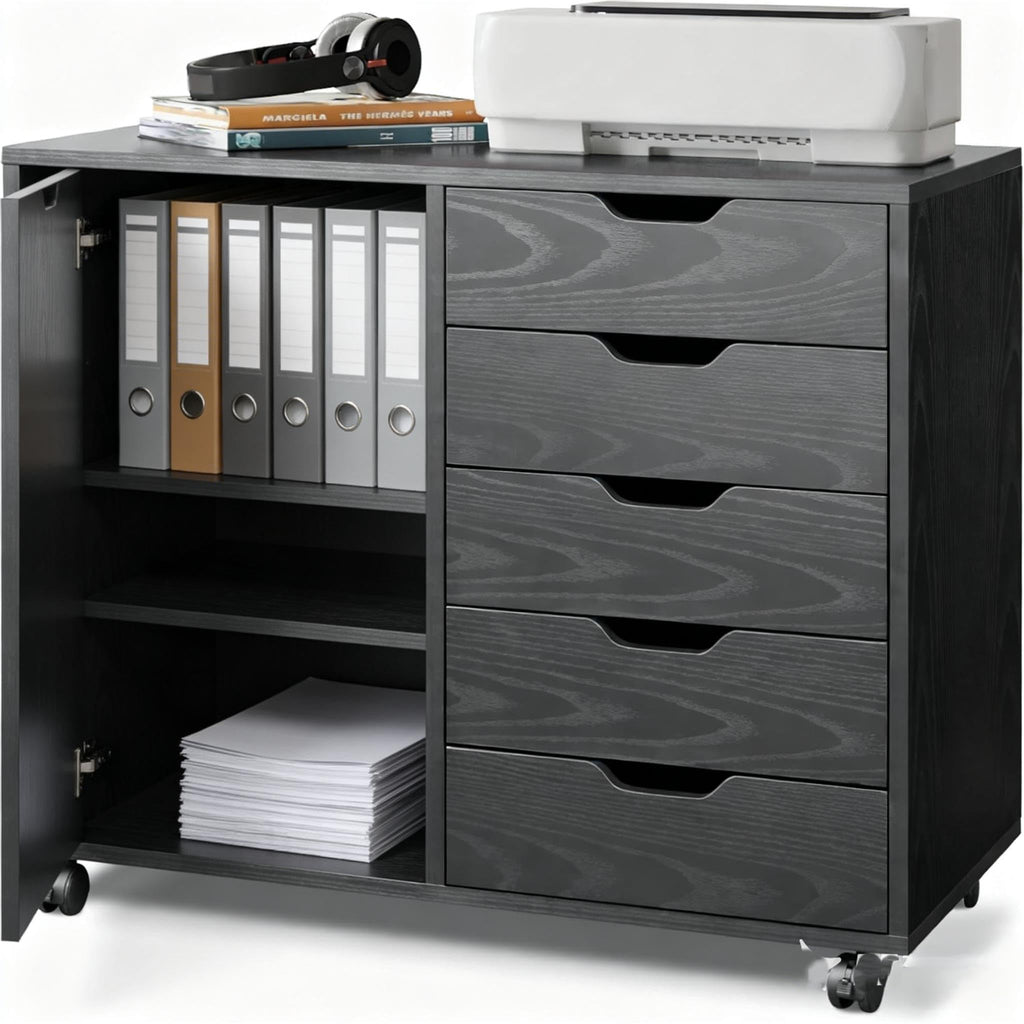 Black 5 Drawer Wood Storage Cabinet with Wheels U84130