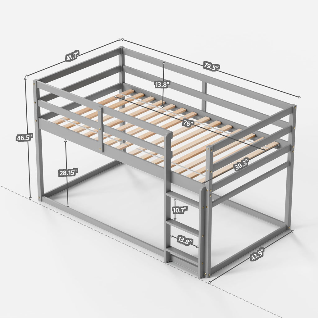 Low Twin Over Twin Wooden Bunk Bed with Ladder and Guardrails F39933