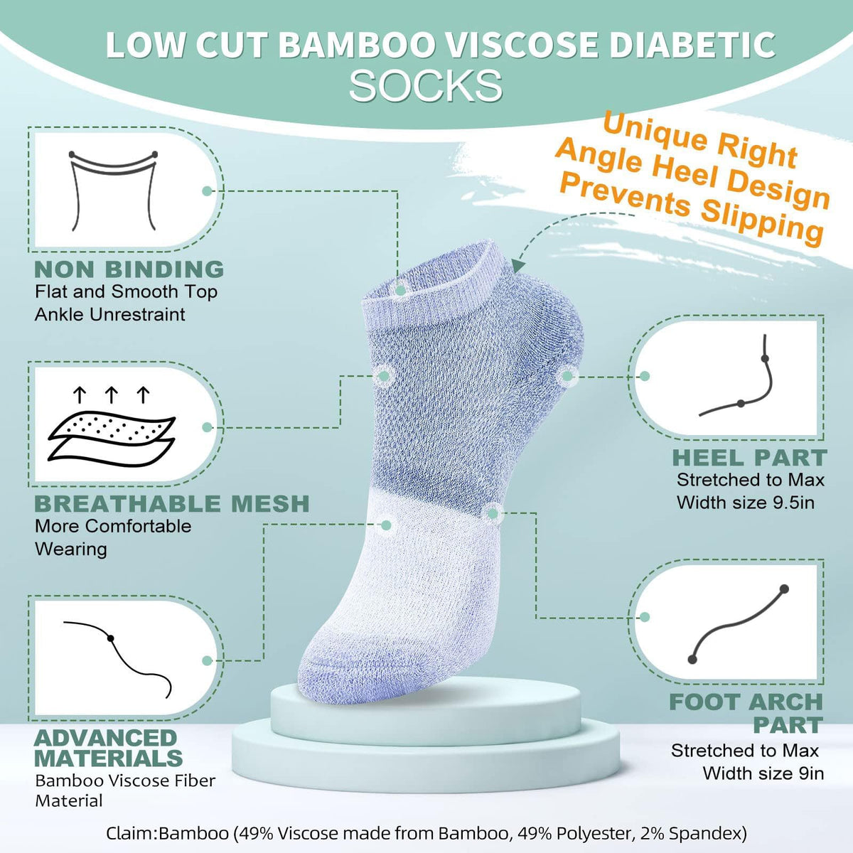 Diabetic Socks for Women Men Size 9-11, 6 Pairs Low Cut Non Binding G6576