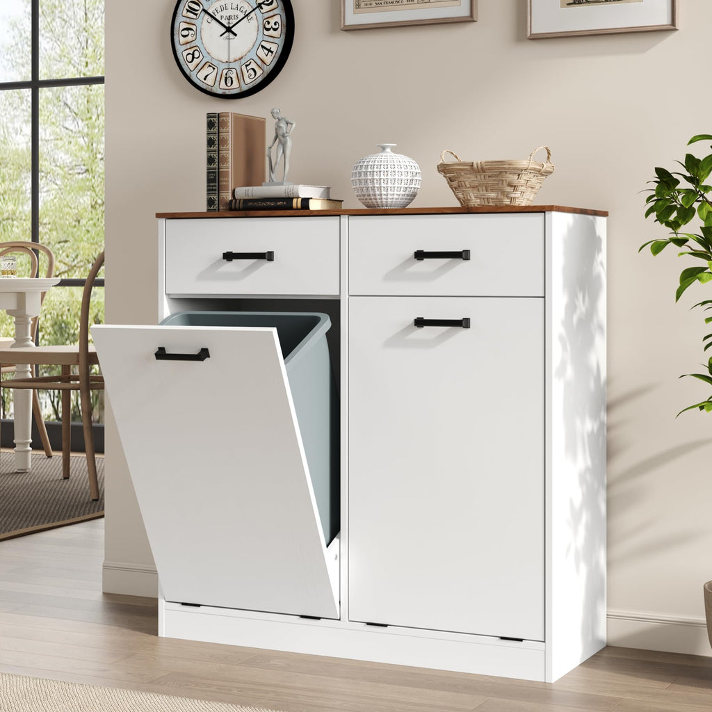 Antique White Double Tilt Out Trash Can Cabinet with 2 Drawers O39657