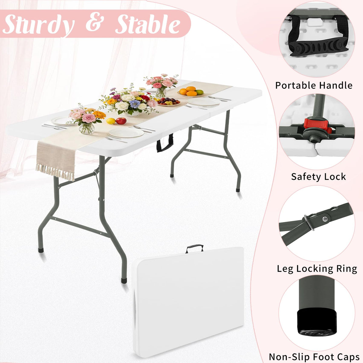2 Pack 6 Feet Portable Folding Table White Plastic F256
