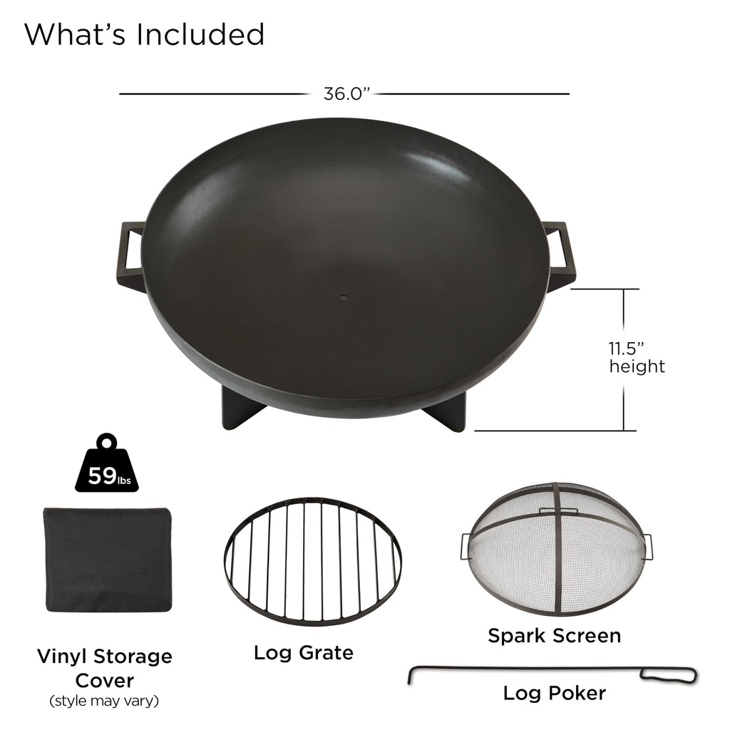 36” Round Wood Burning Steel Fire Pit with Spark Screen, Poker, Log Grate and Storage Cover I5941