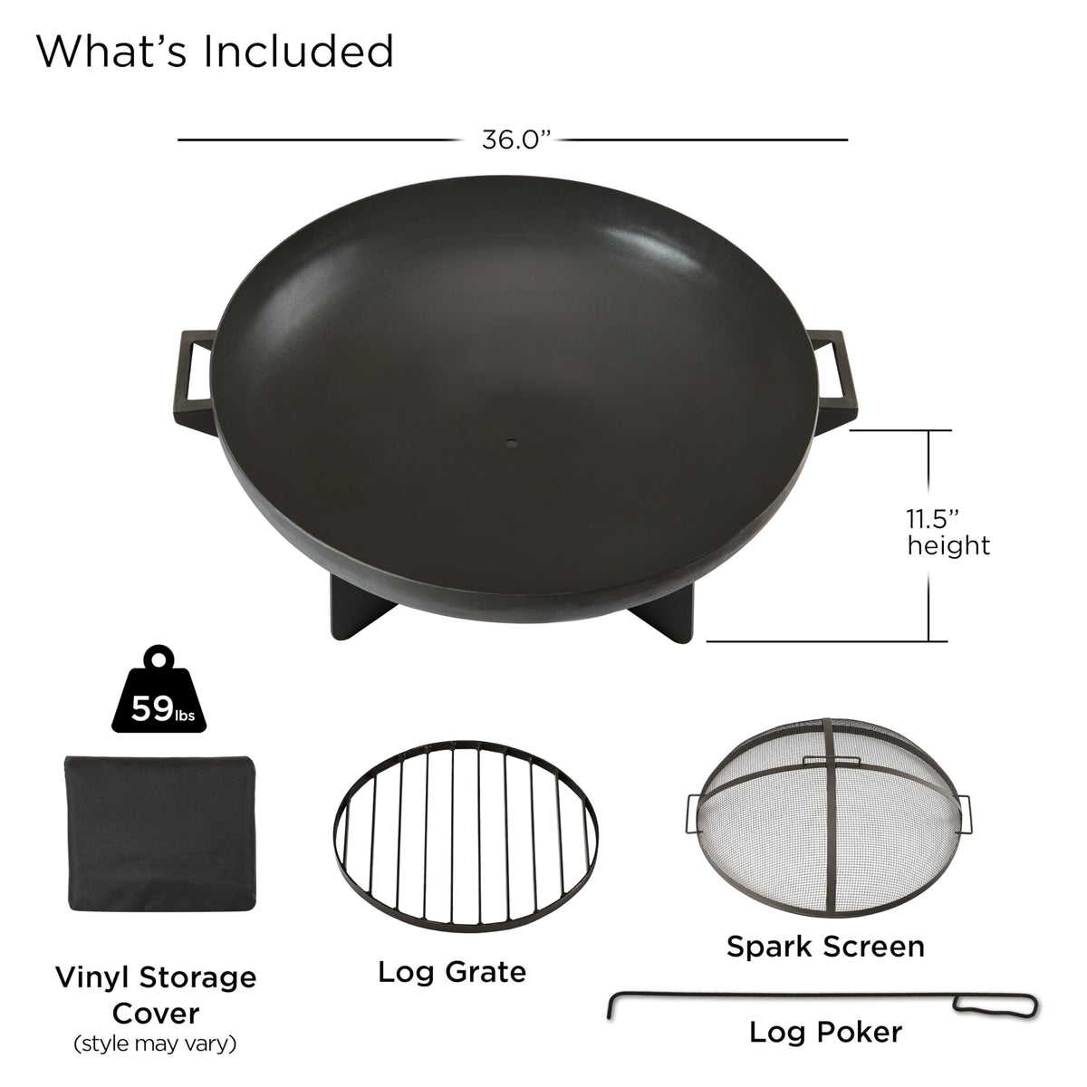 36” Round Wood Burning Steel Fire Pit with Spark Screen, Poker, Log Grate and Storage Cover I5941