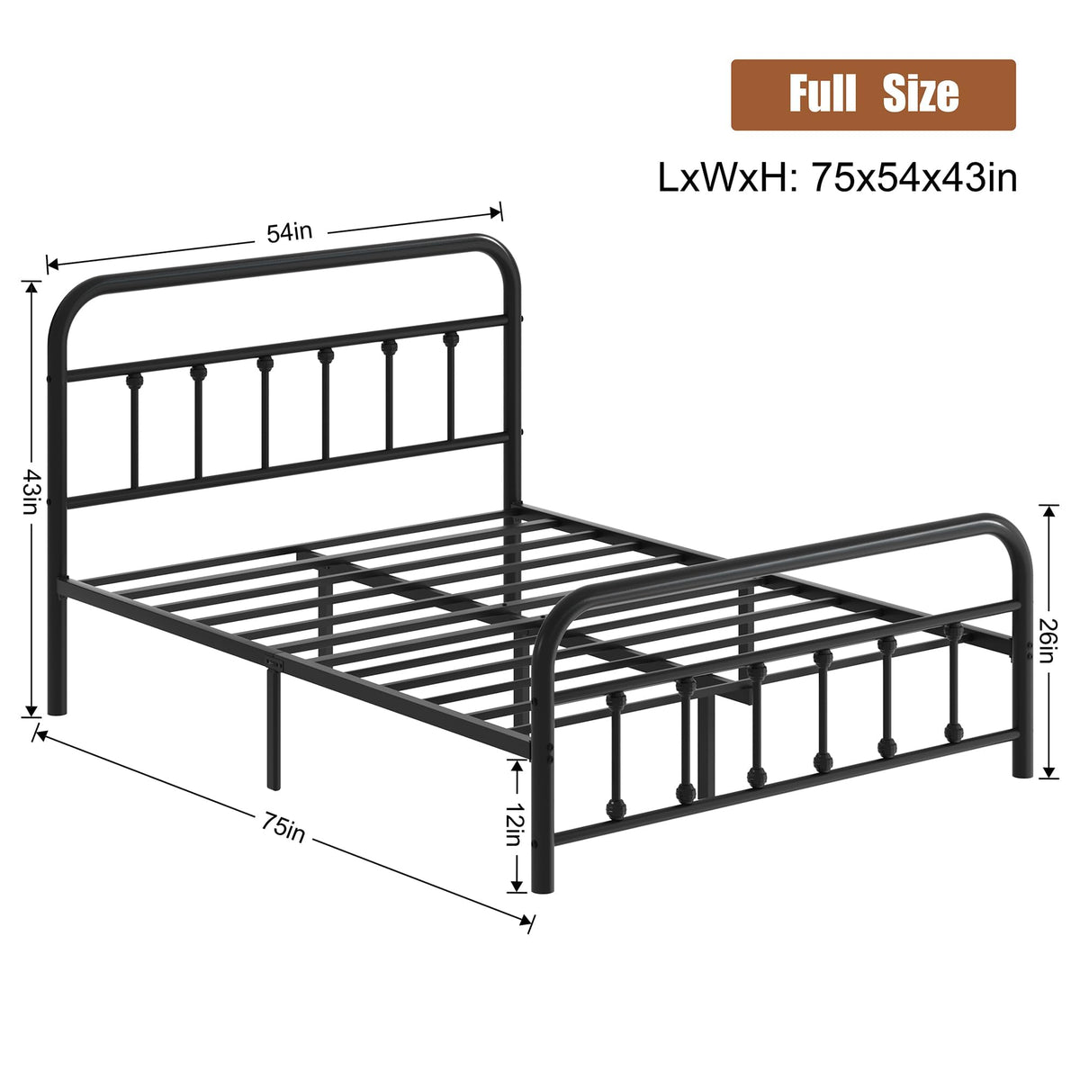 Full Size Black Metal Platform Bed Frame with Headboard R681044