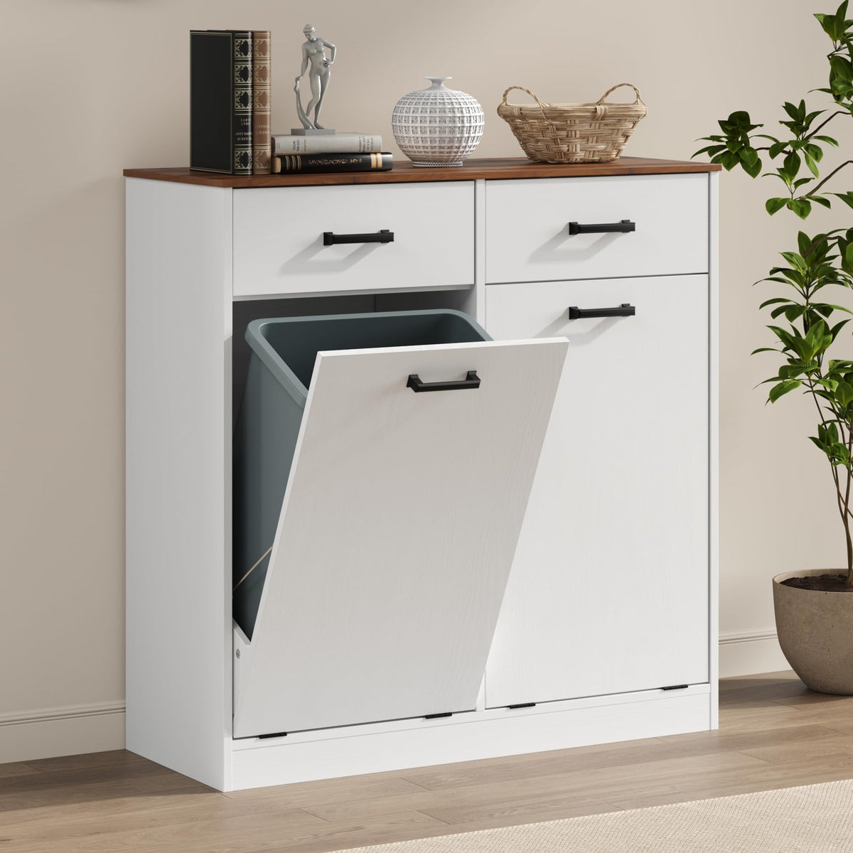 Antique White Double Tilt Out Trash Can Cabinet with 2 Drawers O39657