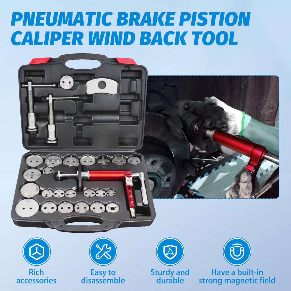 28-Piece Heavy Duty Pneumatic Brake Caliper Compression Tool Set with 23 Adapters Q2273