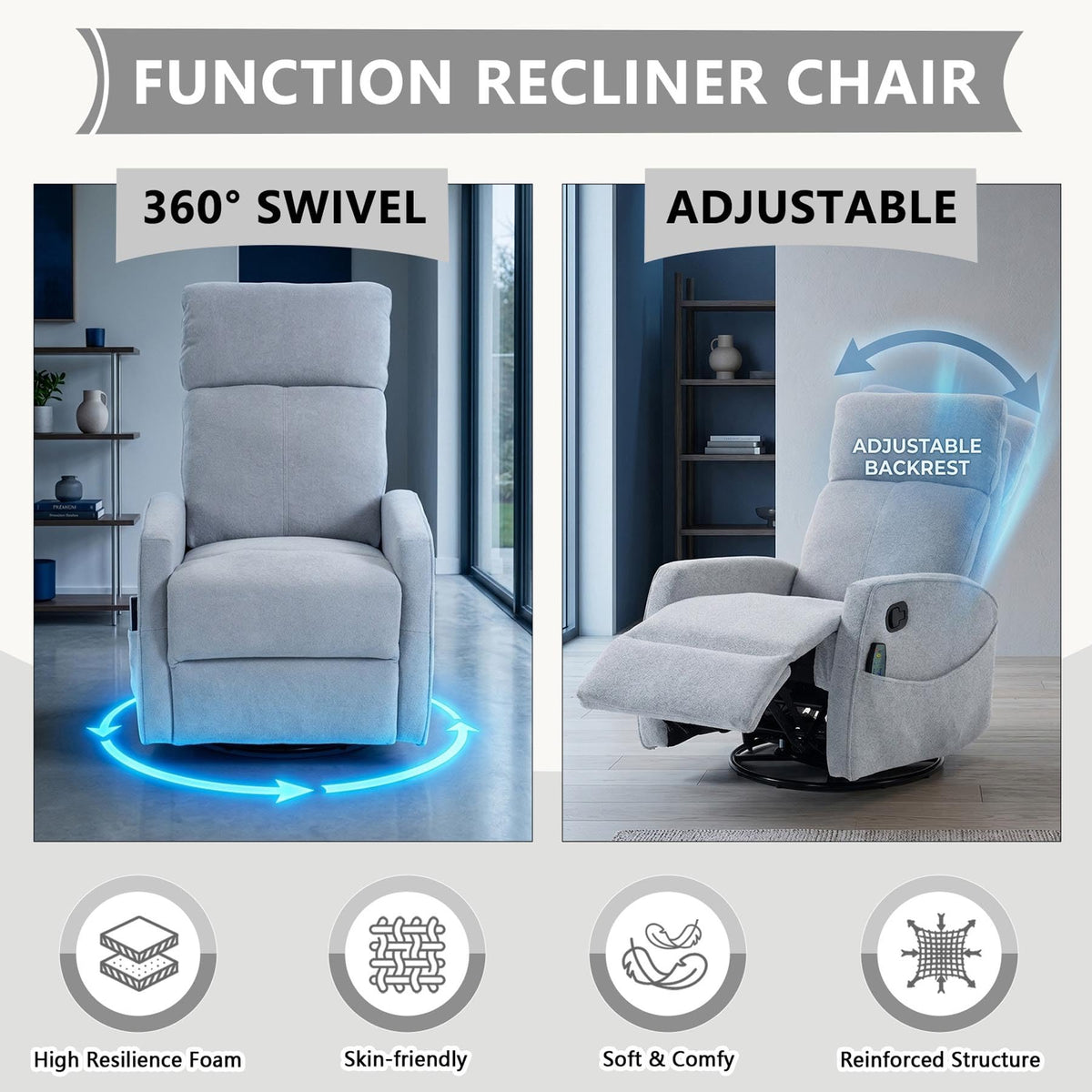 Gray Manual Swivel Glider Recliner with Massage L5600