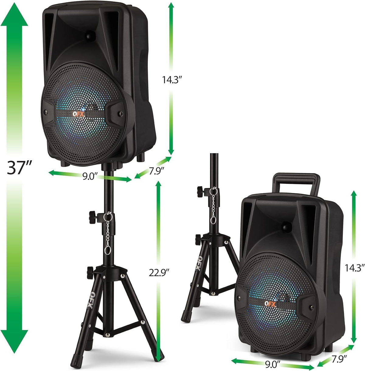 Dual 8" Powered PA Speaker System with Tripod Stands, Wired Mics and Remote Y677