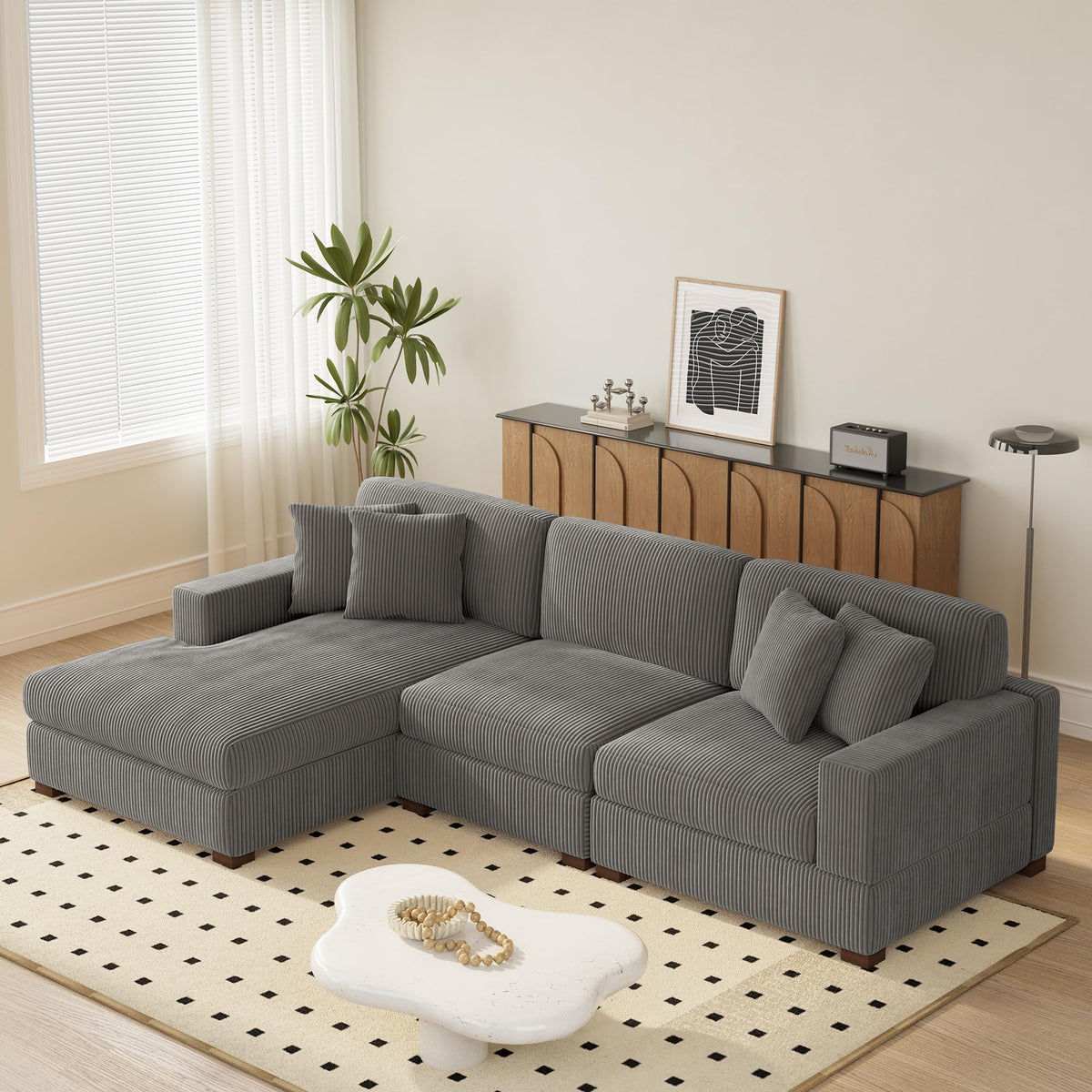 118" Light Gray Corduroy Modular Sectional Sofa with L-Shape Chaise H937740