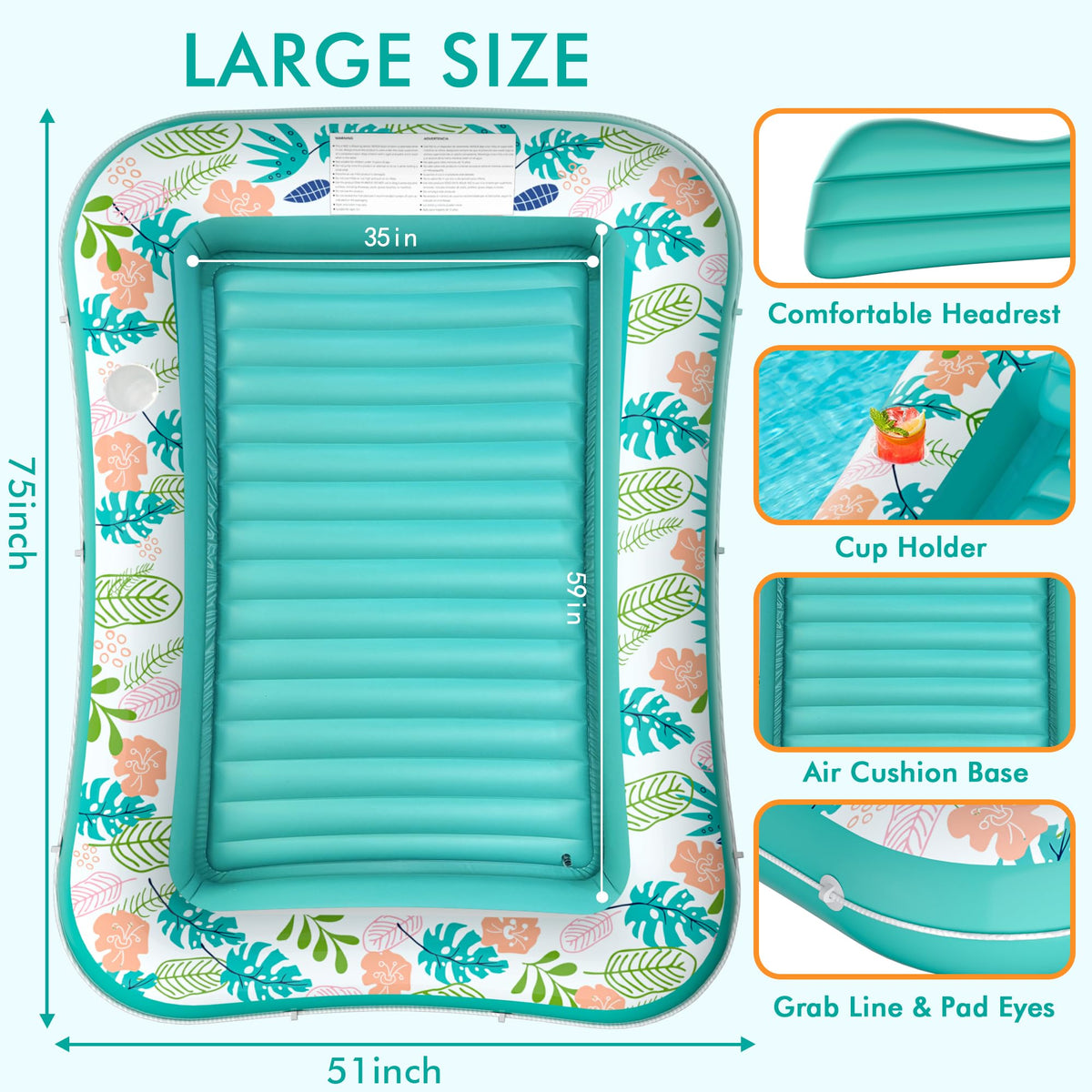 Inflatable Tanning Pool Lounger Float with Pillow & Cup Holder, 2 Pack B243