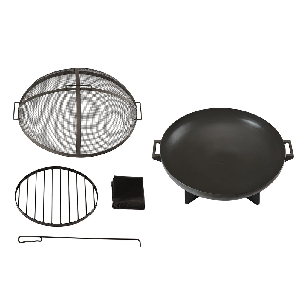 36” Round Wood Burning Steel Fire Pit with Spark Screen, Poker, Log Grate and Storage Cover I5941