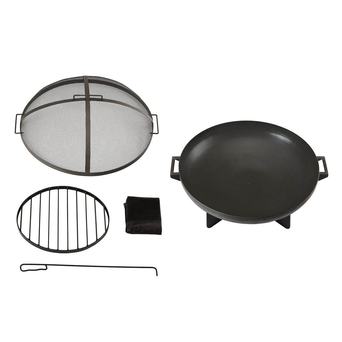 36” Round Wood Burning Steel Fire Pit with Spark Screen, Poker, Log Grate and Storage Cover I5941