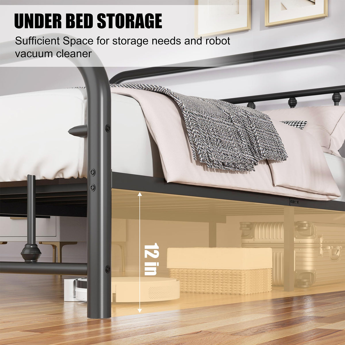 Full Size Black Metal Platform Bed Frame with Headboard R681044
