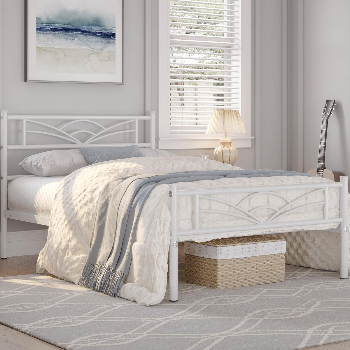 Twin Size White Metal Bed Frame with Headboard T47153