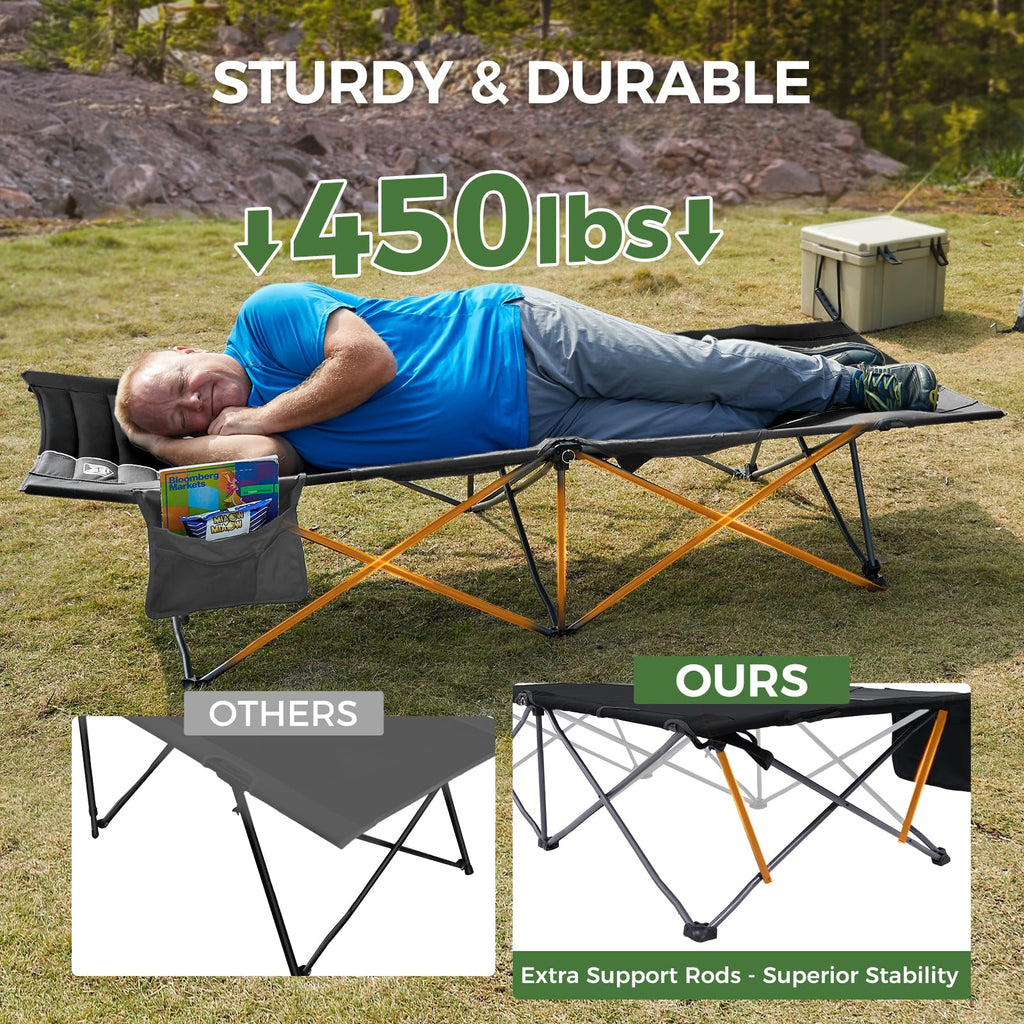 Extra Wide Heavy Duty Oversized Sleeping Cot with Carry Bag Black T9599