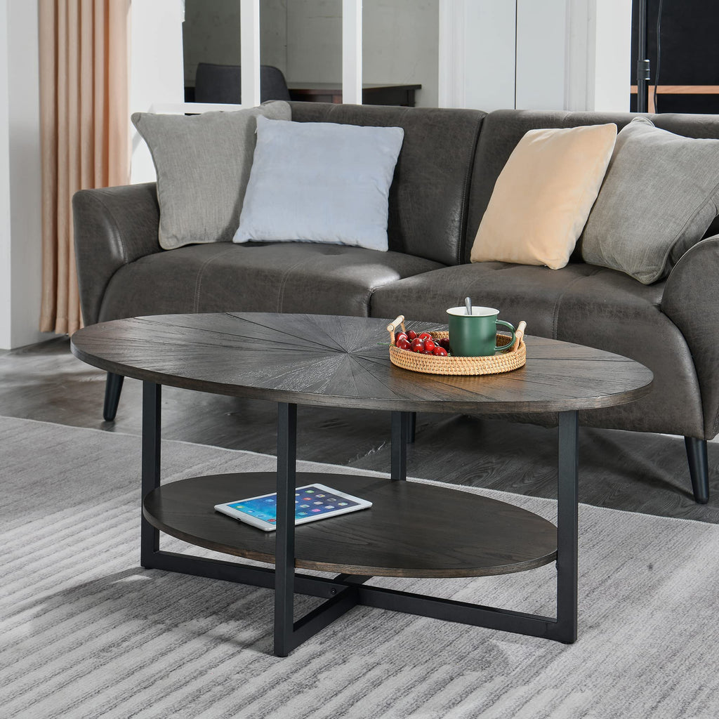 Wood Oval Coffee Table with Storage Shelf, 2-Tier, Black Brown J577