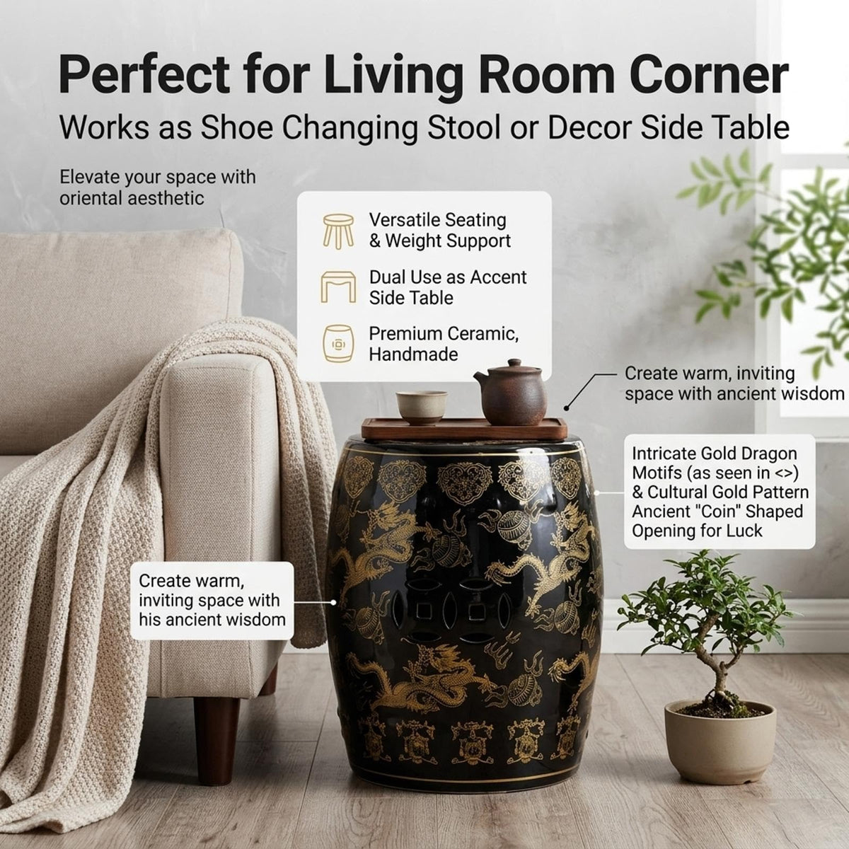 Ceramic Garden Stool Drum Side Table Plant Stand E373061