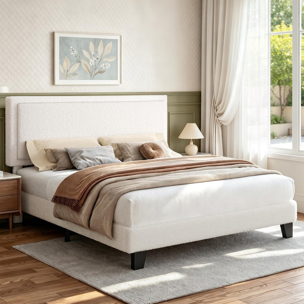 White Queen Size Upholstered Platform Bed Frame with Adjustable Headboard J282