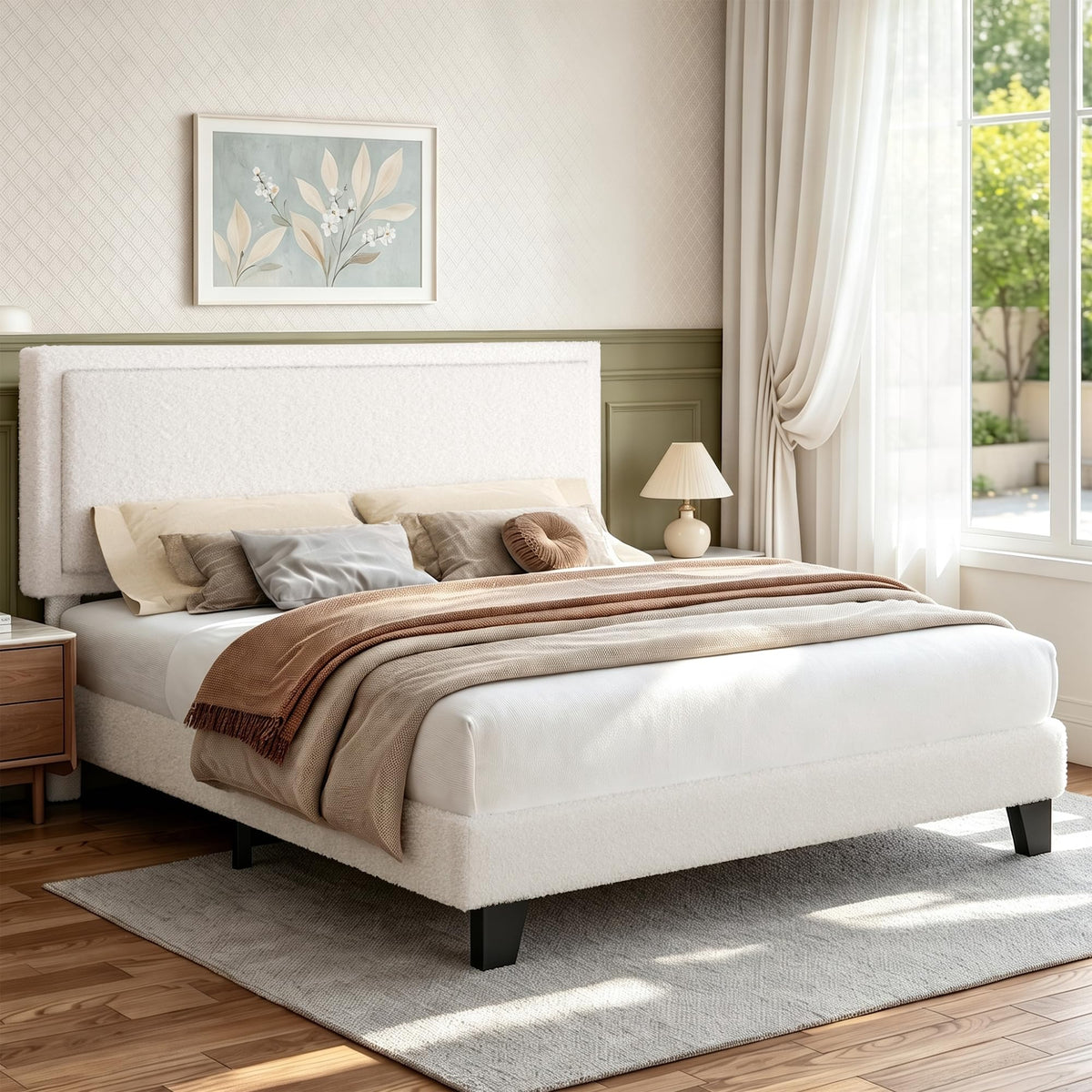 White Queen Size Upholstered Platform Bed Frame with Adjustable Headboard J282
