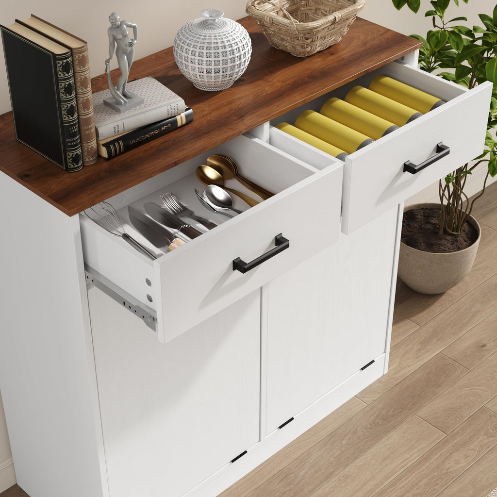 Antique White Double Tilt Out Trash Can Cabinet with 2 Drawers O39657