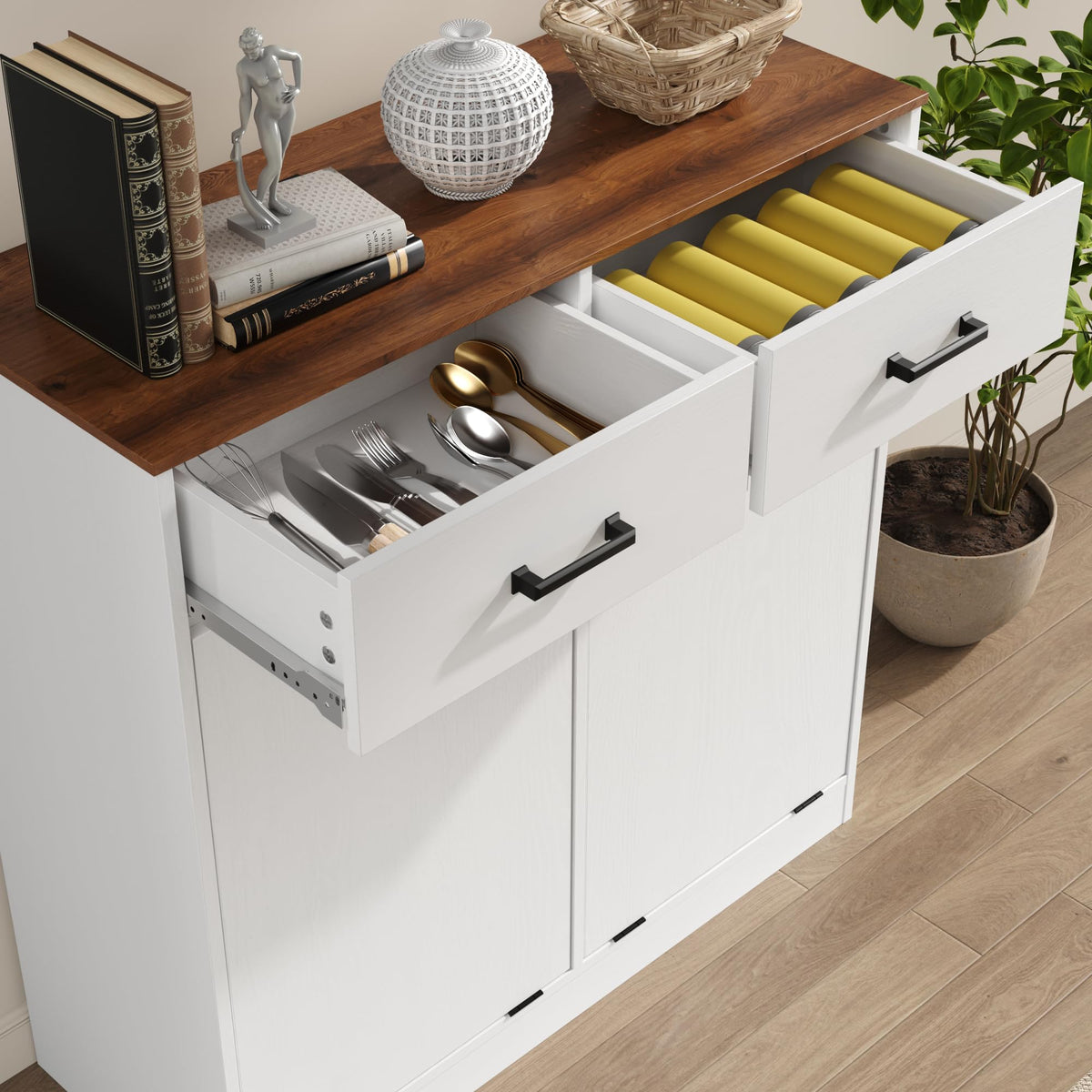 Antique White Double Tilt Out Trash Can Cabinet with 2 Drawers O39657
