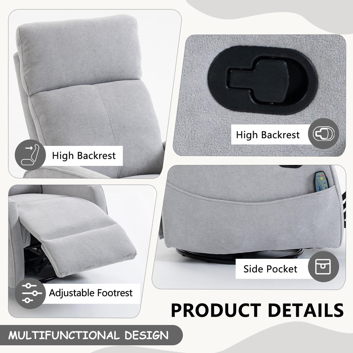 Gray Manual Swivel Glider Recliner with Massage L5600