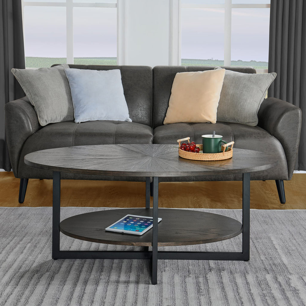 Wood Oval Coffee Table with Storage Shelf, 2-Tier, Black Brown J577