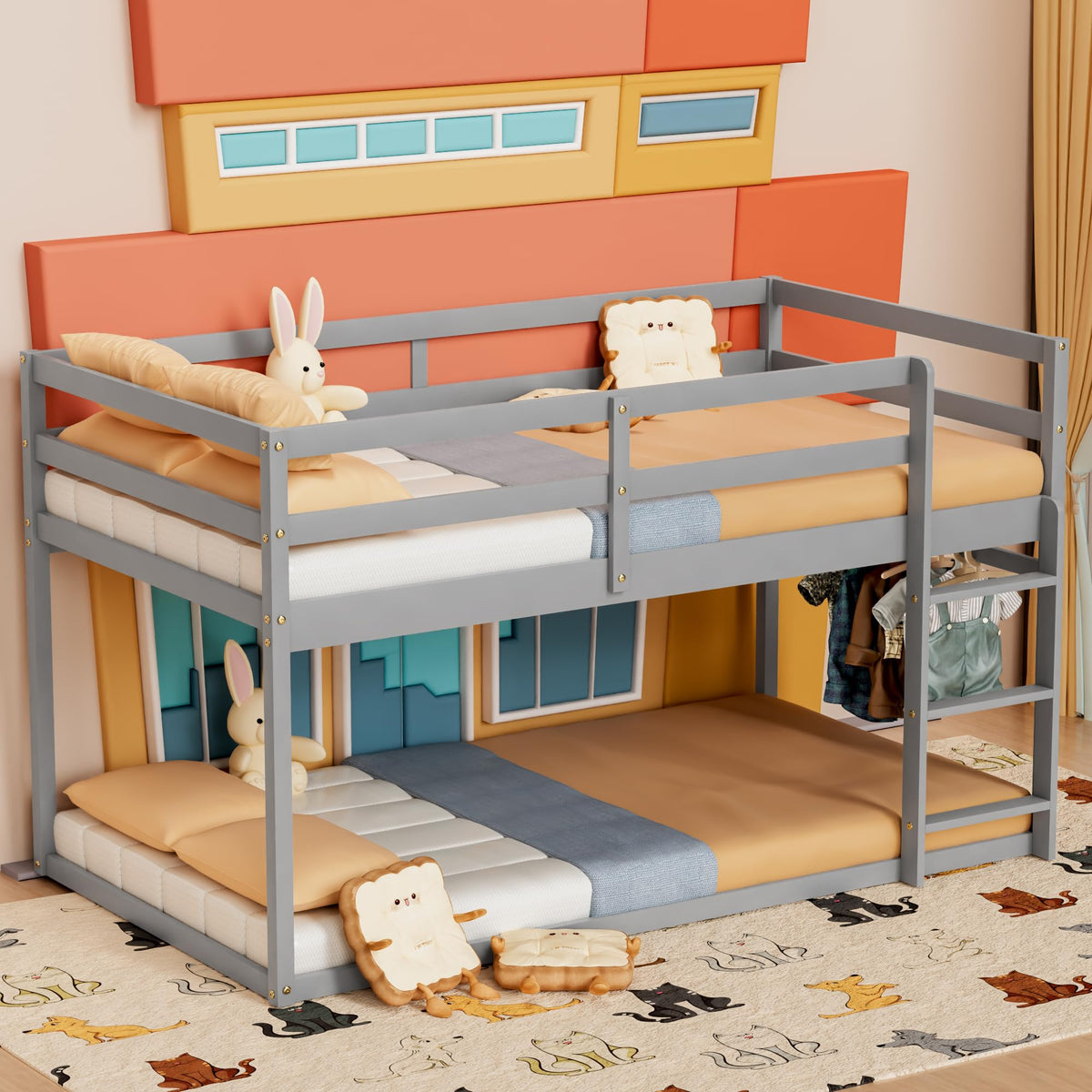 Low Twin Over Twin Wooden Bunk Bed with Ladder and Guardrails F39933