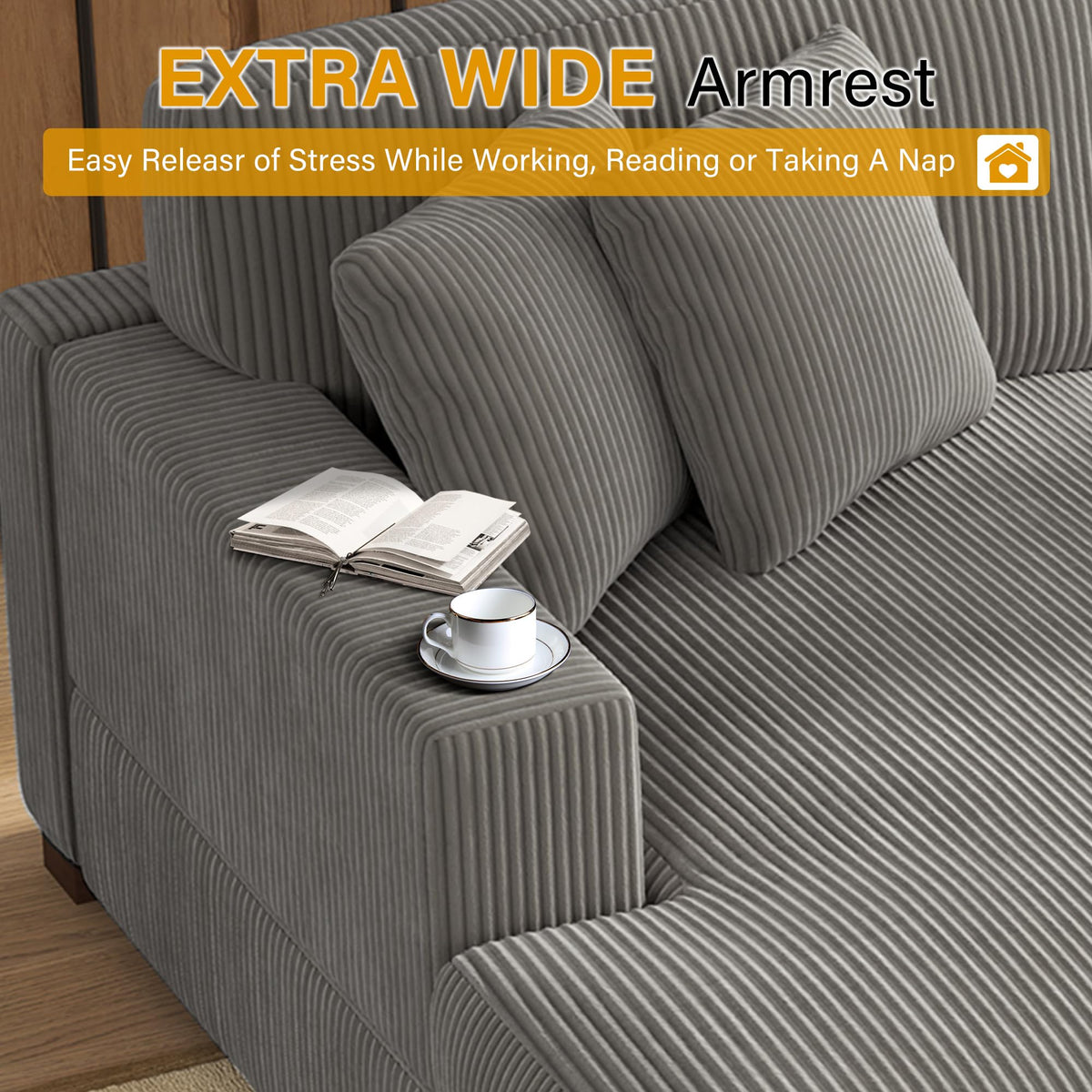 118" Light Gray Corduroy Modular Sectional Sofa with L-Shape Chaise H937740