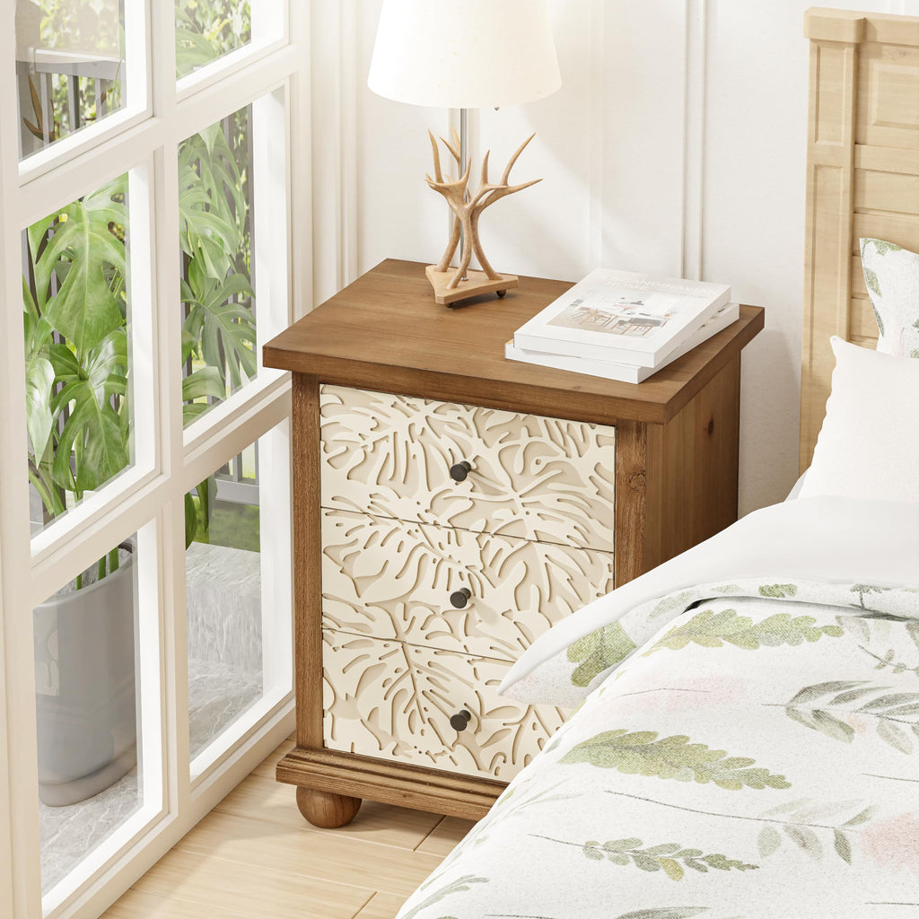 Rustic 3-Drawer Nightstand with Leaves Pattern Carved A821