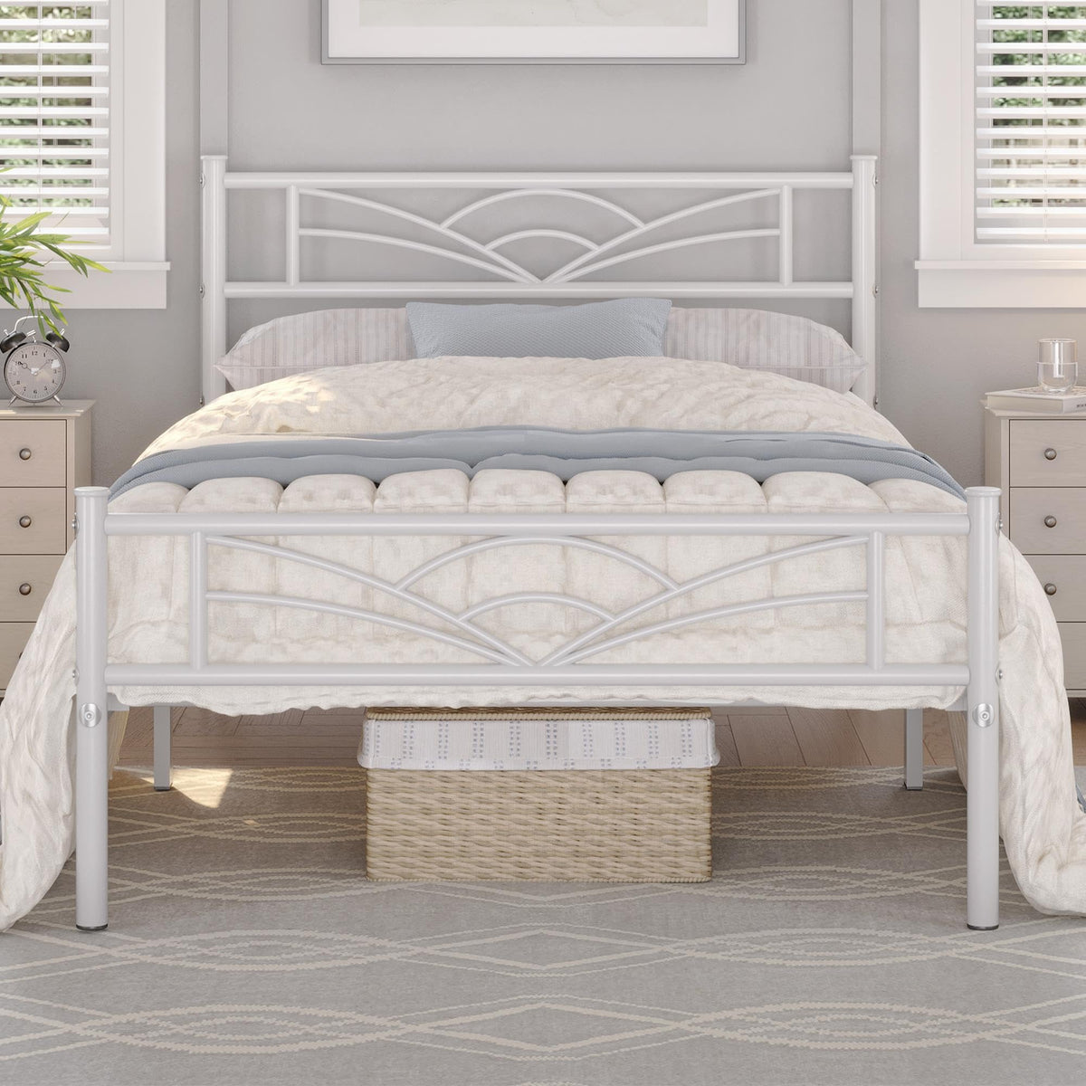 Twin Size White Metal Bed Frame with Headboard T47153