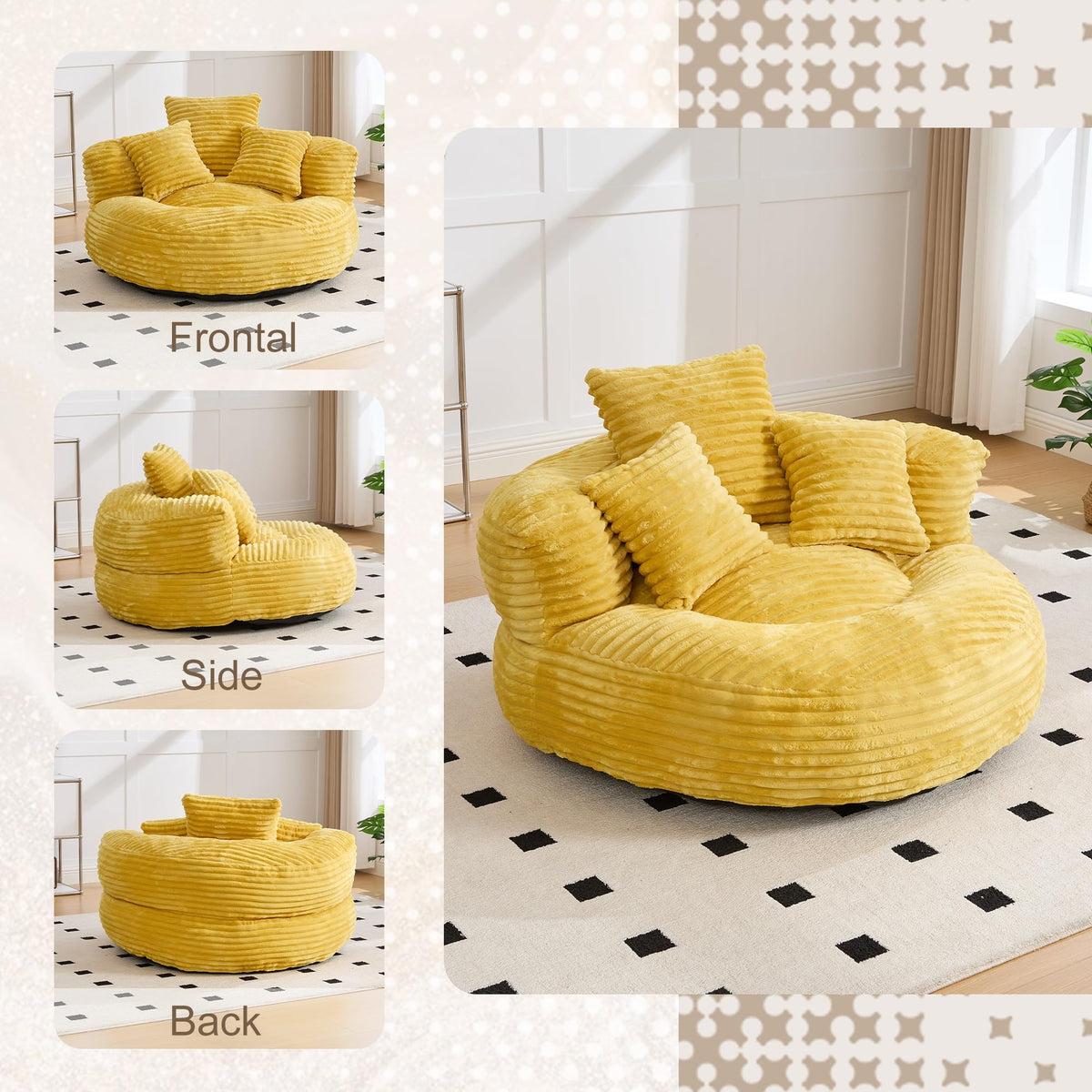 Oversized Corduroy Bean Bag Chair with 3 Pillows G471295