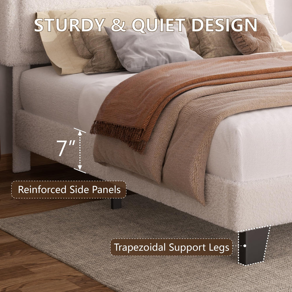 White Queen Size Upholstered Platform Bed Frame with Adjustable Headboard J282