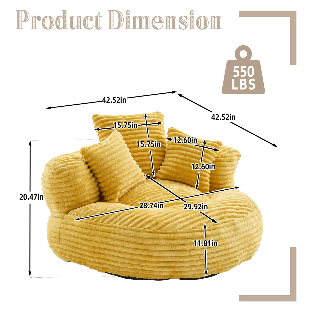 Oversized Corduroy Bean Bag Chair with 3 Pillows G471295