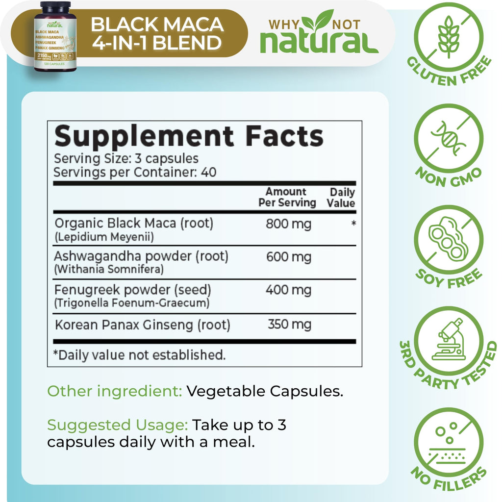 Organic Black Maca Root Ashwagandha Fenugreek Panax Ginseng Capsules I52744