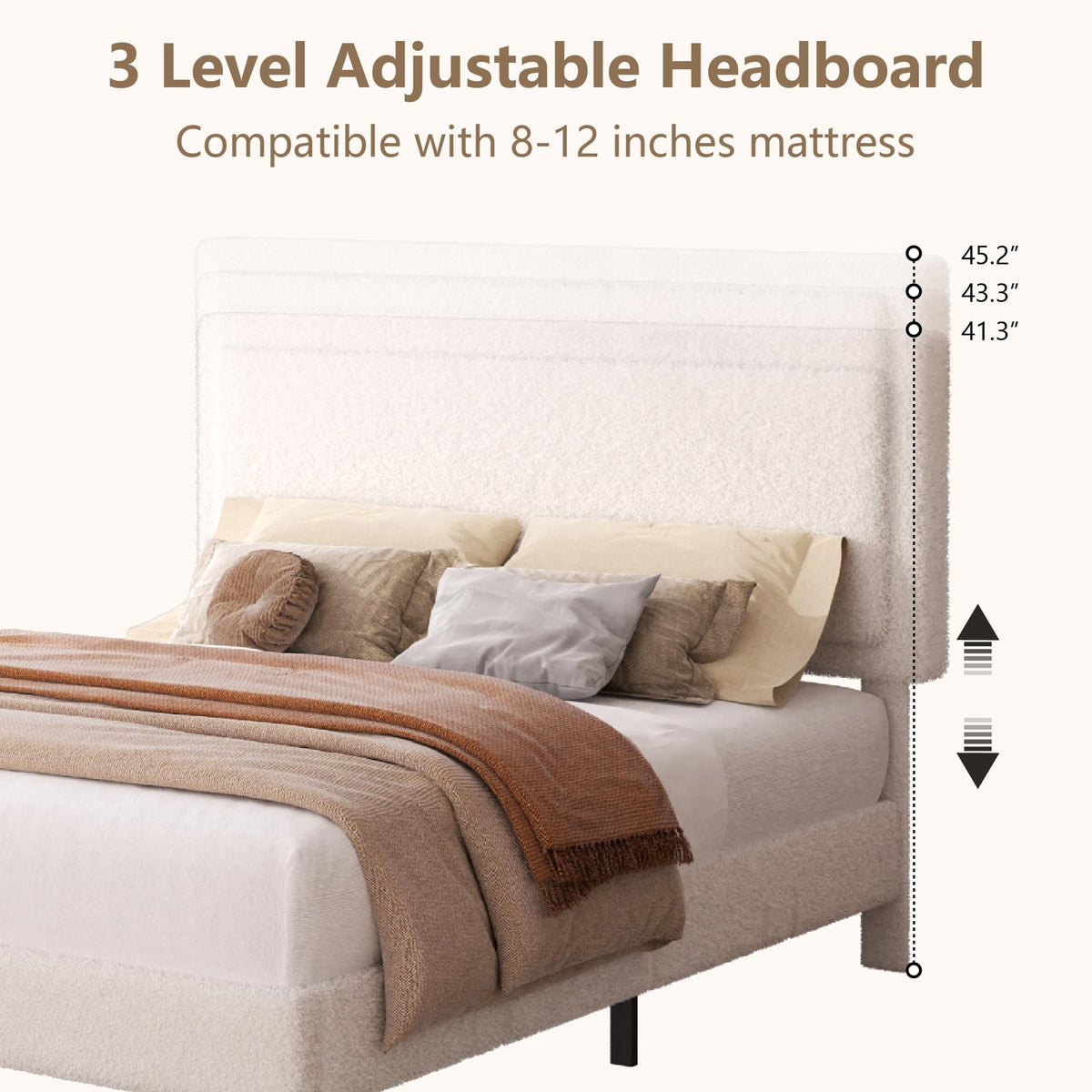 White Queen Size Upholstered Platform Bed Frame with Adjustable Headboard J282