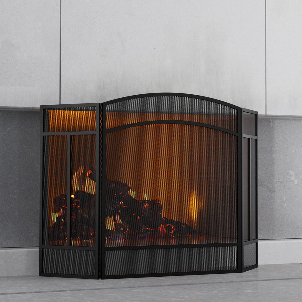 Black 3 Panel Wrought Iron Fireplace Screen J2341