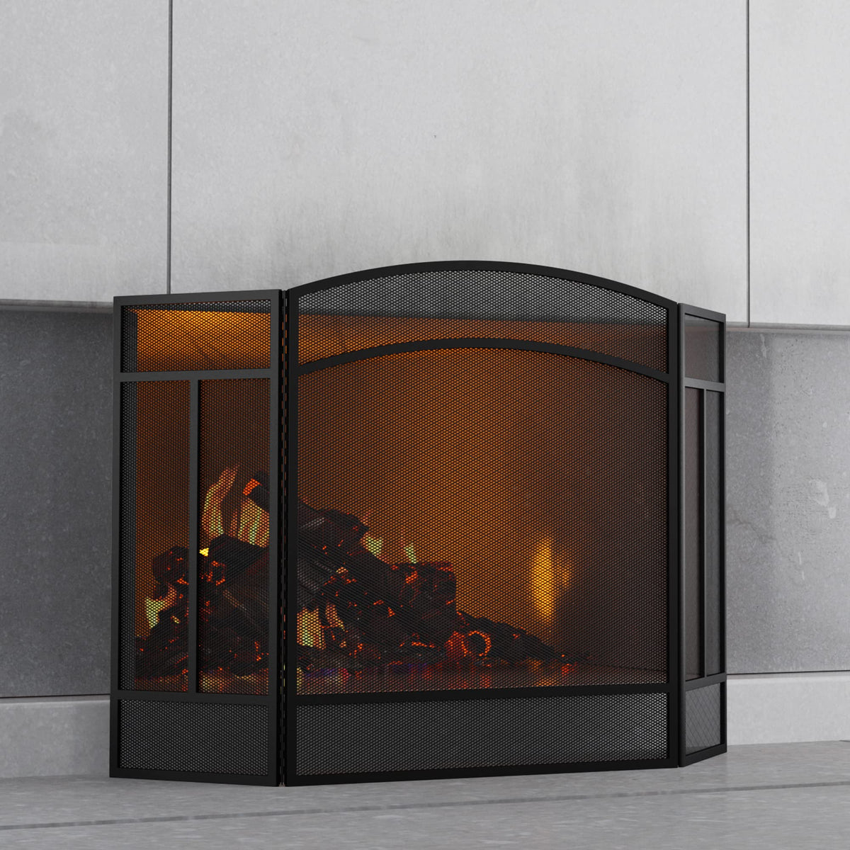 Black 3 Panel Wrought Iron Fireplace Screen J2341